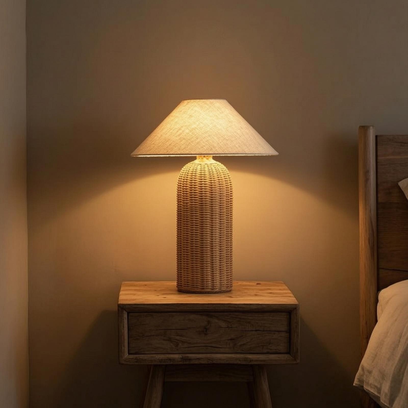 Desk Lamp - Nachttischlampe mit Rattanfuß und Stoffschirm, Dekorative
