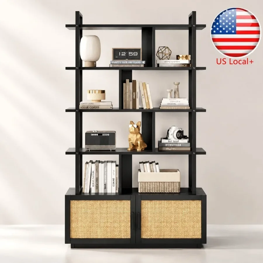 Bookshelf - 5-stöckiges Rattan-Bücherregal mit Schranktür, 71,1 Zoll